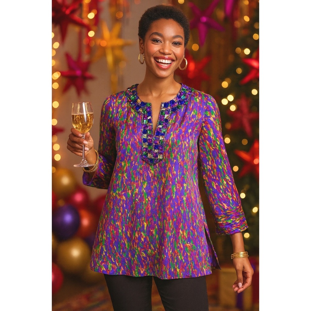 MAGASCHONI‎ COLLECTION Purple Jewel Neck Embellished Tunic Top Blouse Womens M